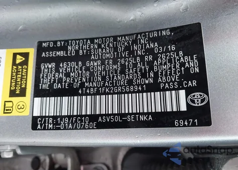 2016 Toyota Camry Le z USA, uszkodzony, nr VIN 4T4BF1FK2GR568941